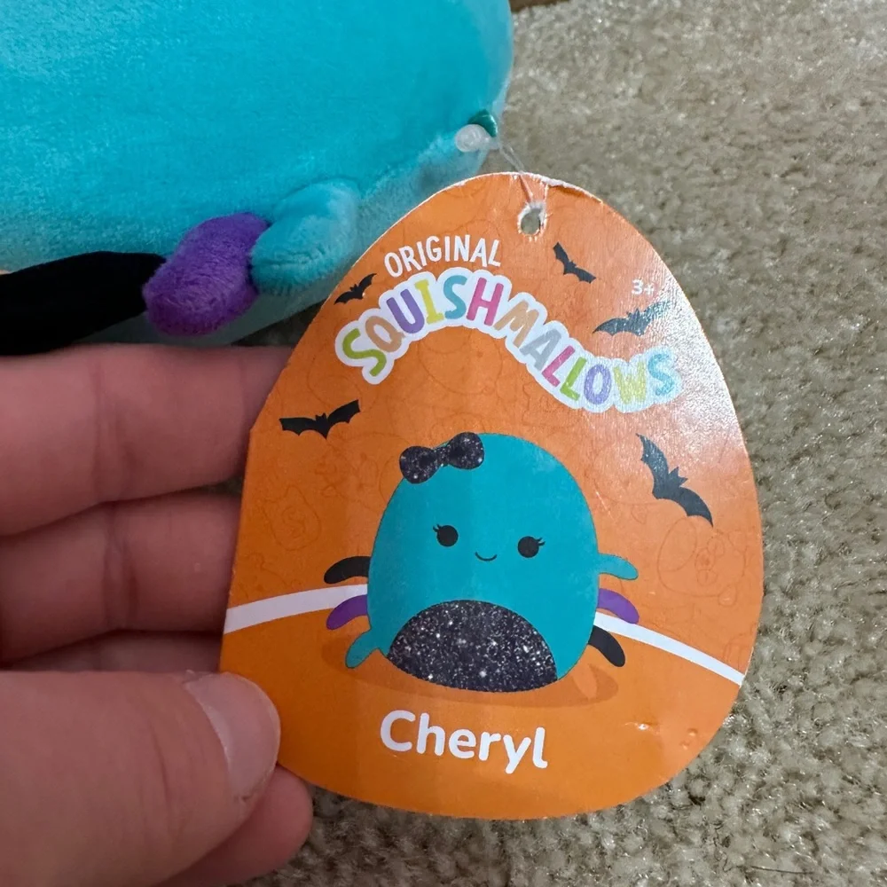 Squishmallows Cheryl the Teal Spider Glitter Black Tummy Bow 5” NWT Halloween